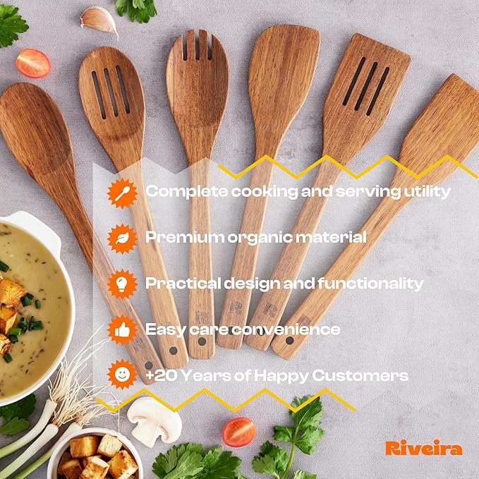 Riveira Teak Wooden Cooking Utensils Set of 6 Premium Quality Non-Toxic Wooden Spoons & Spatula for Cooking, Stirring & Serving