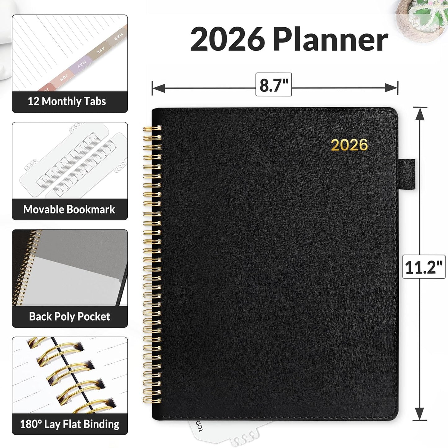 SUNEE 2026 Weekly & Monthly Planner 9"x11.2"- 12 Month (January 2026 - December 2026), Vegan Leather Cover, Pocket, Bookmark, Notes, Monthly Tab, Black