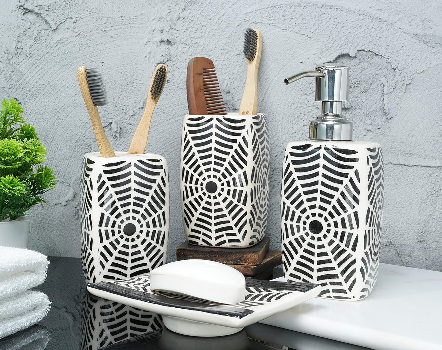 Handmade Ceramic Bathroom Accessories Set 4pcs India Pottery Vanity Complete Hand Paint, Countertop Accessory Set for Home Decor with Soap & Lotion Dispenser, Tumbler, Toothbrush Holder, Soap Dish