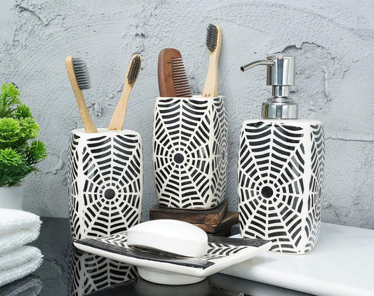 Handmade Ceramic Bathroom Accessories Set 4pcs India Pottery Vanity Complete Hand Paint, Countertop Accessory Set for Home Decor with Soap & Lotion Dispenser, Tumbler, Toothbrush Holder, Soap Dish