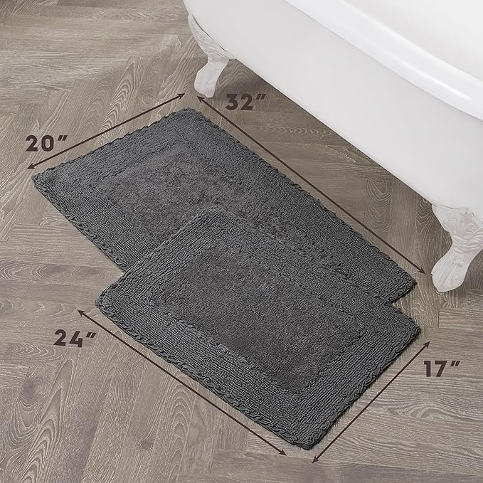 Laura Ashley Ruffle Border 100% Cotton Bath Rug Set, Dark Gray, 17" x 24"/ 20" x 32"