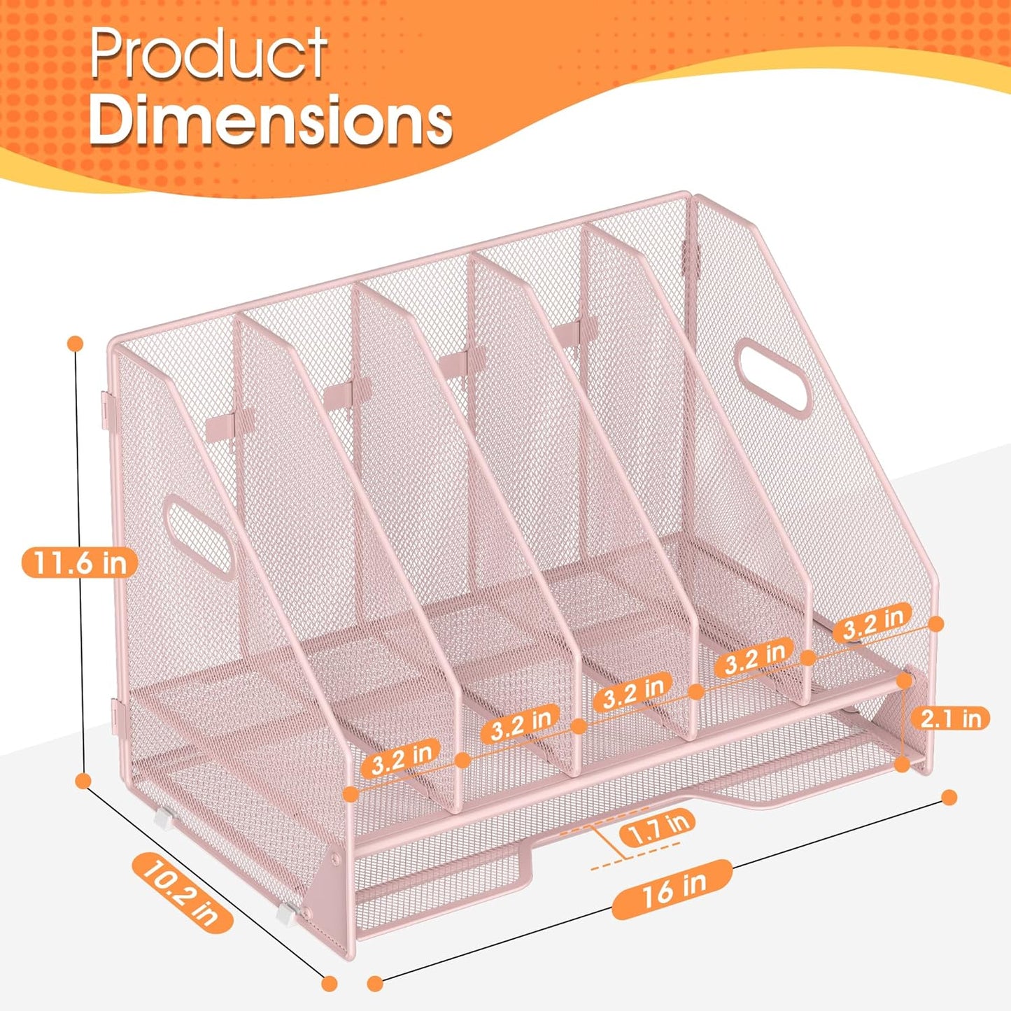 Desk File Folder Holder Organizer-5 Vertical Compartments Racks and Paper Letter Tray,Mesh Magazine File Holder Sorter,Desktop Accessories & Workspace Organizers for Home,Office,School-Pink