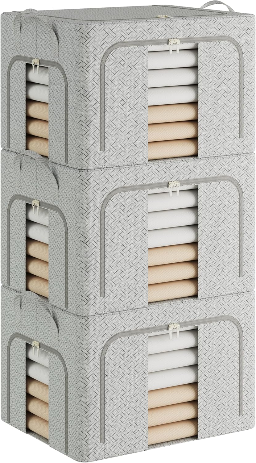 Pinkpum 3 Pack Clothes Storage Bins with Metal Frame, Closet Organizers and Storage Boxes, Stackable & Foldable Clothes Organizer Bags with Large Clear Window & Long Carry Handles, Grey Pattern 66L