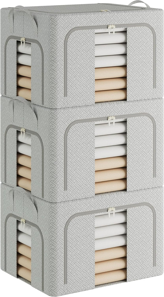 Pinkpum 3 Pack Clothes Storage Bins with Metal Frame, Closet Organizers and Storage Boxes, Stackable & Foldable Clothes Organizer Bags with Large Clear Window & Long Carry Handles, Grey Pattern 66L