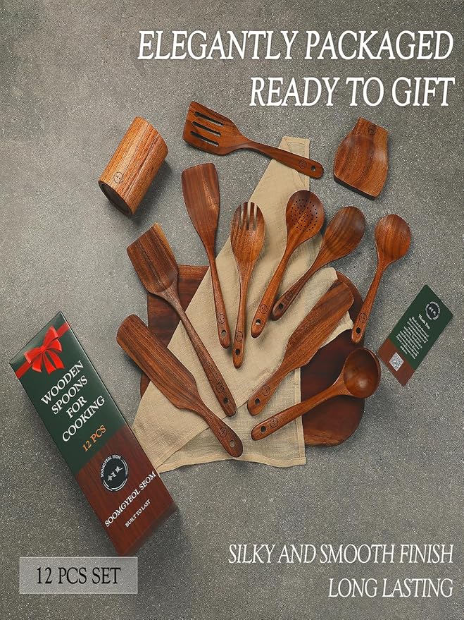 100% Natural Teak Wood Wooden Utensil Set – 12 Pcs Cooking Tools with Large Spoon Holder & Rest – Non-Stick, Heat Resistant, Durable, Food-Safe & Eco-Friendly Kitchen Gadgets