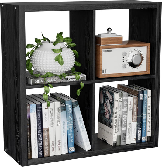 Cube Storage Organizer Bookcase, Decorative 11 inch Open Back Cubical Shelf with Thickened Border, Display Bookshelf for Living Room, Home Office, Sturdy Room (Black, 4 Cube)