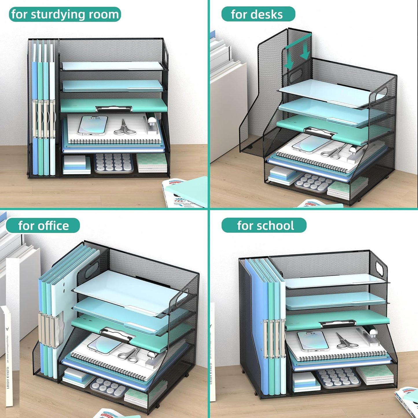 SUPEASY Desk Organizer with File Holder, 5-Tier Mesh Paper Letter Tray with Magazine Holder, Desktop Organizer and Storage for Desk Accessories Office Supplies, Black