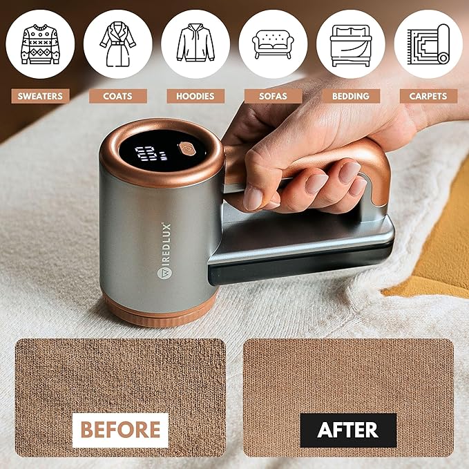 Rechargeable Fabric Shaver - Electric Lint Remover for Clothes & Couch - Adjustable 3-Speed, 6-Leaf Blade, LED Display, USB Charging - Depiller with Dual Protection