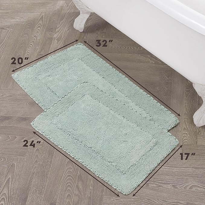 Laura Ashley Ruffle Border 100% Cotton Bath Rug Set, Aqua, 17" x 24"/ 20" x 32"