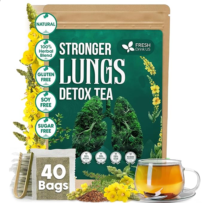 FreshDrinkUS, StrongerLungs 40 Tea Bags - Mullein Leaf, Ginseng, Elderberry, Ginger & Thyme - Supports Lung Cleanse, Congestion Relief & Mucus Detox - Caffeine-Free & All-Natural