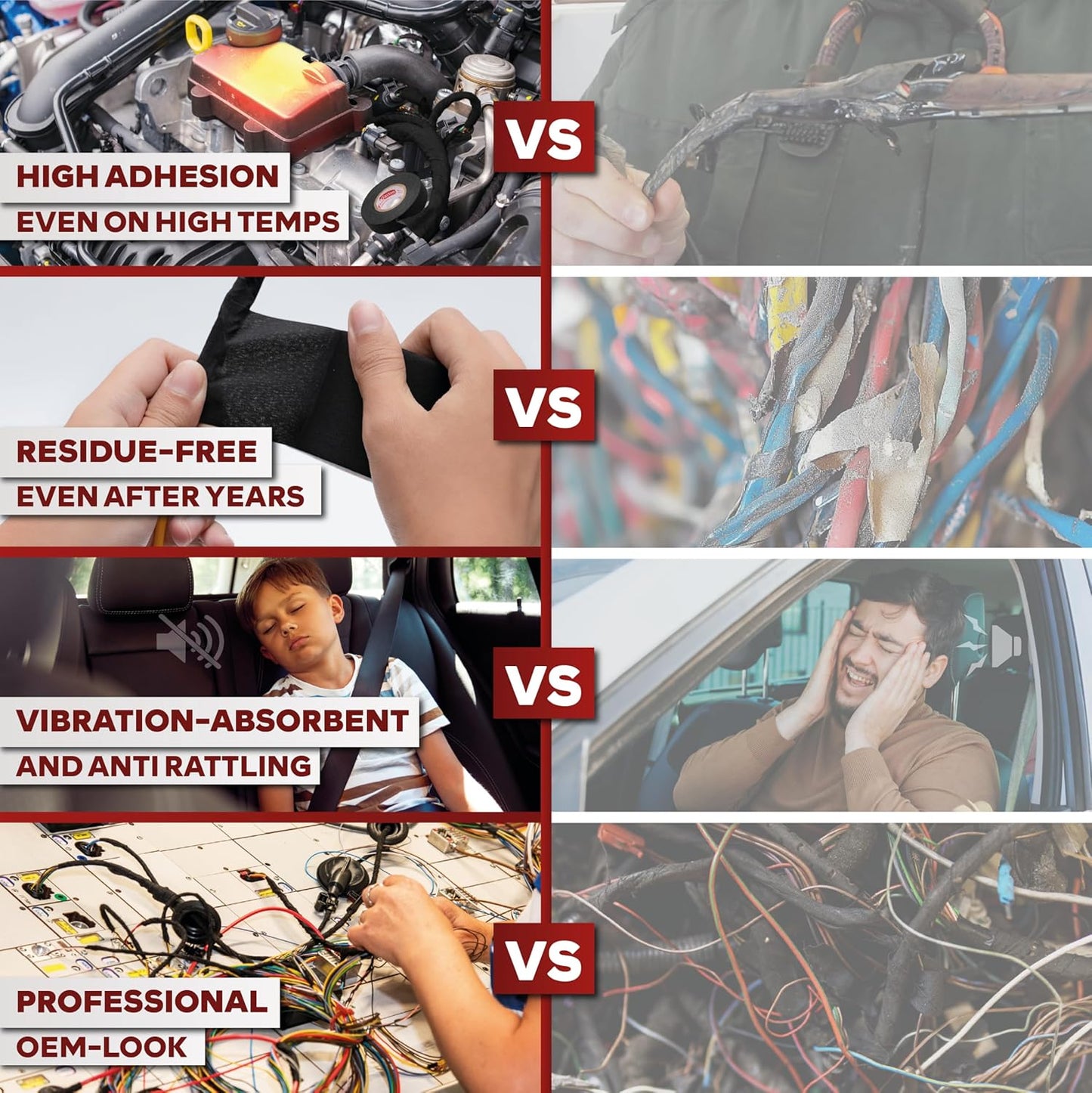 XFasten Wire Harness Tape, 250 Feet Total (5-Set Width), High Temp Wiring Loom Harness, Self-Adhesive Felt Cloth Electrical Tape for Automotive Engines, Noise Dampening, and Cable Protection