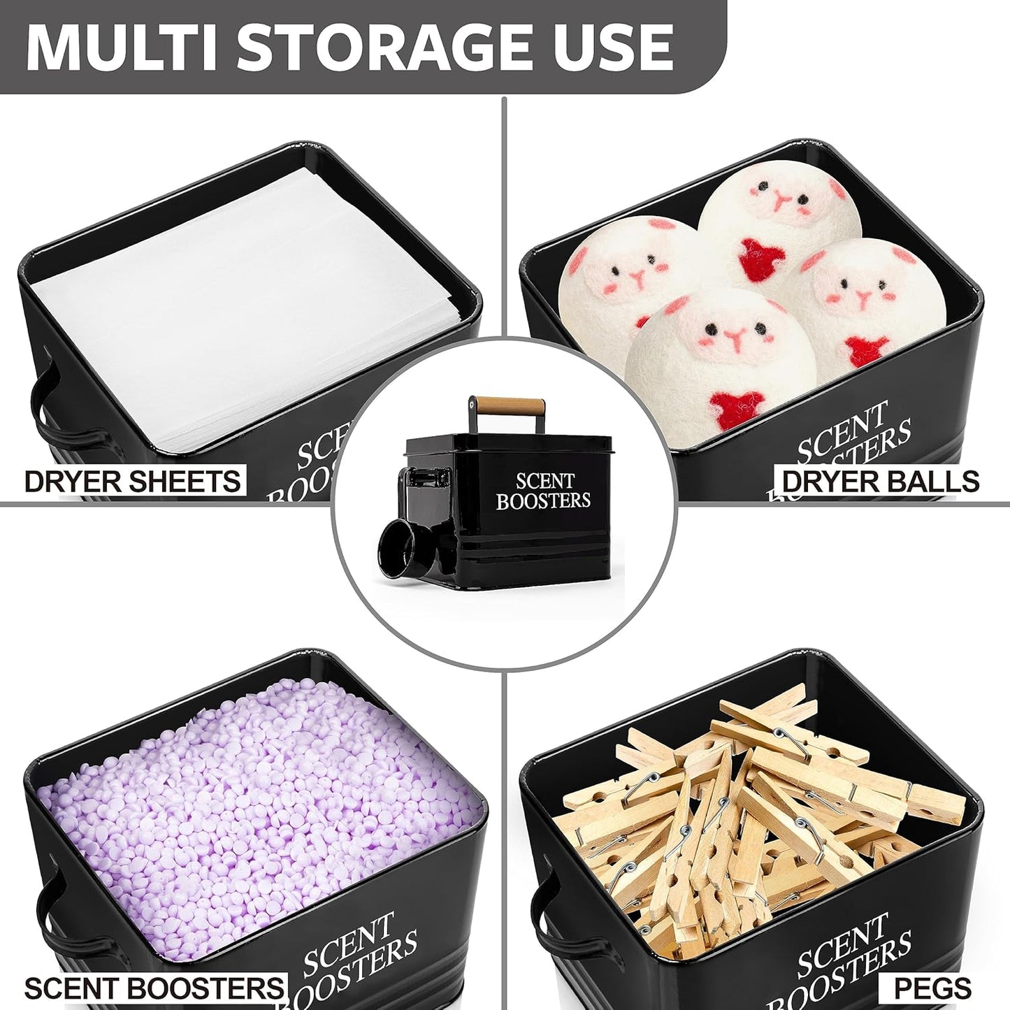 Calindiana Modern Farmhouse Metal Laundry Scent Booster Beads Dispenser Container with Scoop for Laundry Room Decor and Accessories and Space Saving Laundry Room Organization and Storage, Black