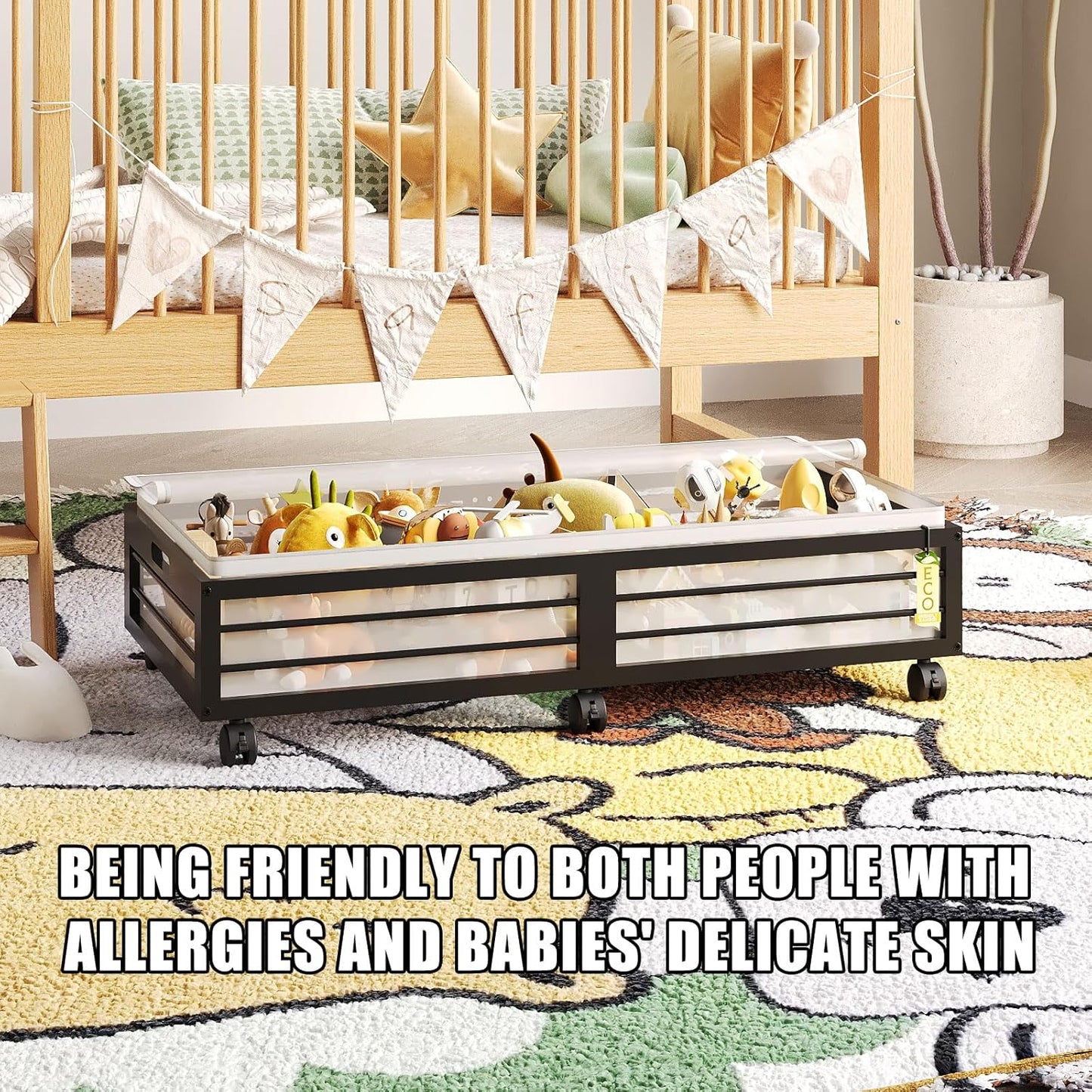 Under Bed Storage Containers with Wheels, Larger Bamboo Wood Under Furniture Storage Containers with Dust Bags，Rolling for Shoes Clothes