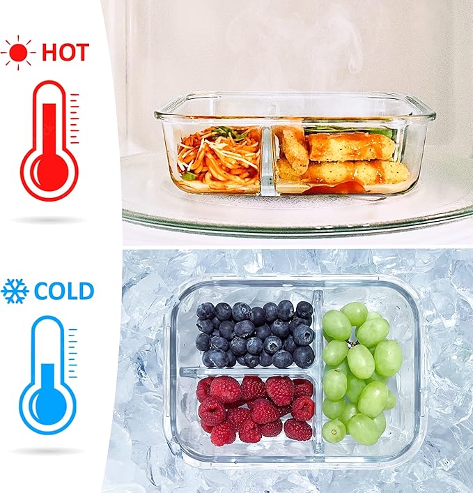 Glass Bento Box Containers with Bamboo Lids, 3 Compartment Glass Meal Prep Containers (3 Pack) - 100% Plastic Free, Eco-Friendly Lunch Container Set, Bamboo Lid Bento Boxes for Adults