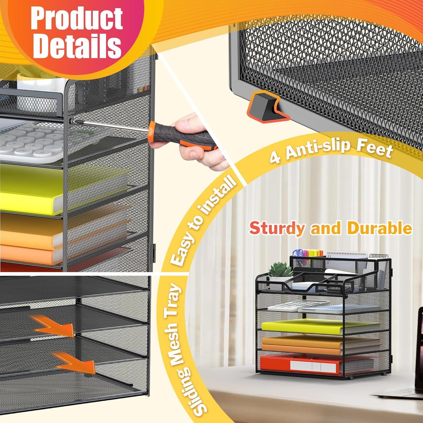 Docnest 5 Tier Mesh Desk Organizer for Paper Office Supplies – Multi-Functional Letter Tray with 5 Adjustable Compartments, 3 Pen Holders, Desktop Storage for Files, Mail, Stationery – Black