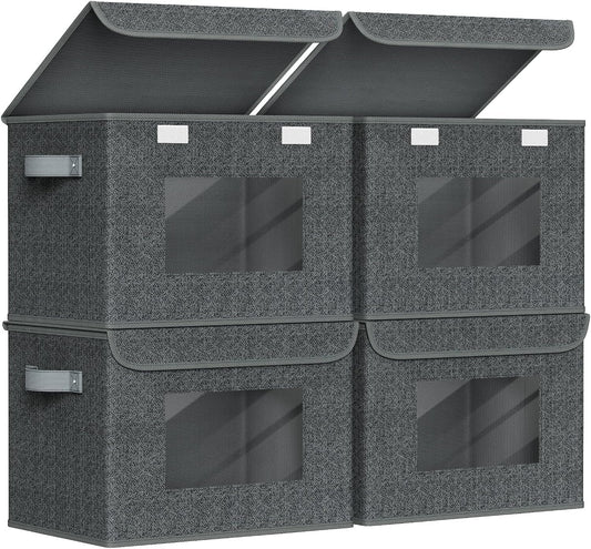 Univivi Fabric Foldable Storage Boxes with Lids [4-Pack] Large Stackable Storage Bins, Closet Organizers and Storage Cube Storage Organizer for Home, Office, Bedroom (Black, 17“ x 12” x 12")