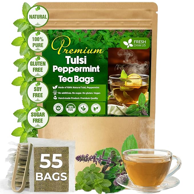FreshDrinkUS, Premium Tulsi Peppermint Herbal Tea – 55 Tea Bags, 100% Natural, Blend of Tulsi Holy Basil Leaves, and Peppermint Leaves. Made with Natural Material Tea Bags. No Sugar, Vegan.
