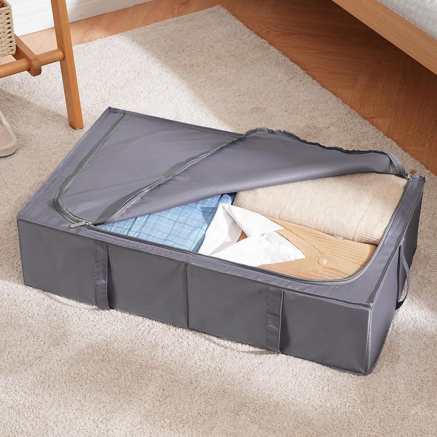 TYEERS Under Bed Storage Containers, Durable Fabric, Washable, Collapsible, Under Bed Storage Bins for Clothes, Blankets, Sheets, Shoes, 27.5x16.5x7 Inches, 4-Pack, Dark Grey