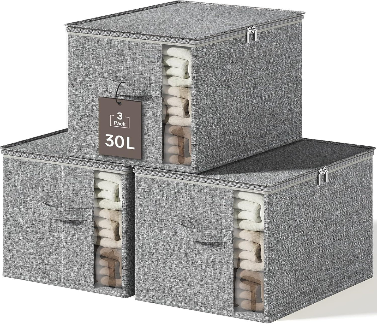 Clothes Storage Bins with Sturdy Frames, Foldable Fabric Clothing Organizer Box for Moving, Sweater Storage Cube with Lids and Zipper, Linen Closet Storage Bags for Blankets, Clothes, Sheet