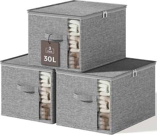 Clothes Storage Bins with Sturdy Frames, Foldable Fabric Clothing Organizer Box for Moving, Sweater Storage Cube with Lids and Zipper, Linen Closet Storage Bags for Blankets, Clothes, Sheet