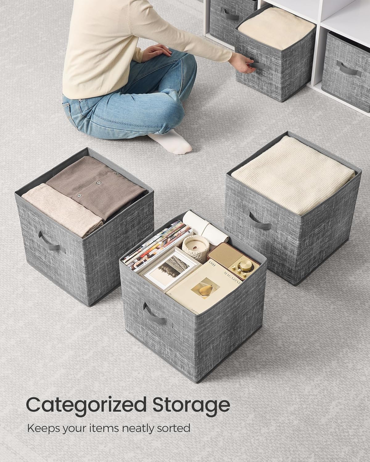 SONGMICS Storage Cubes, 13 x 13 x 13 Inches Non-Woven Fabric Bins with Double Handles, Set of 10, Closet Organizers for Shelves, Foldable, for Clothes, Cattail Gray UROB133G01