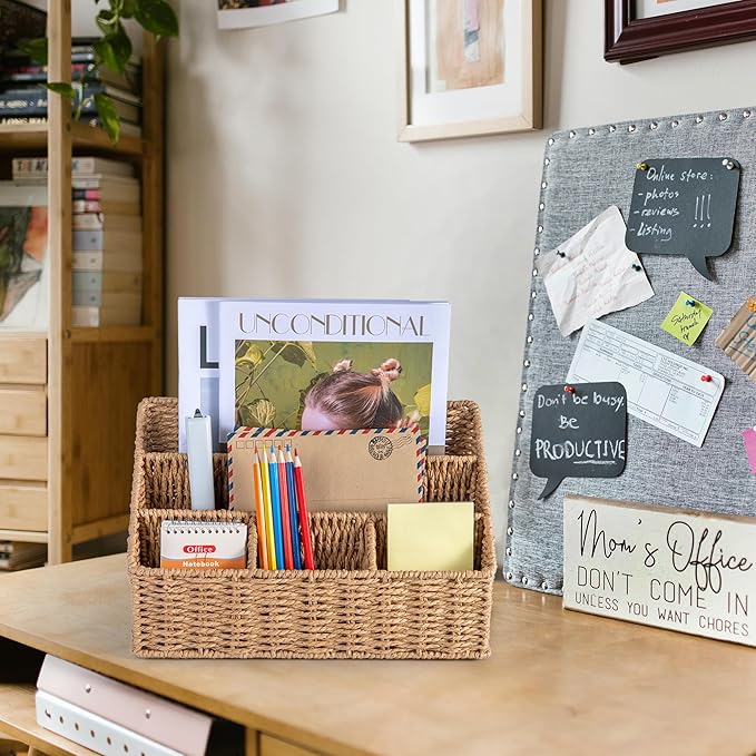 Rattan Desk Organizer, Tabletop Mail Holder, 5 Slot Mail Organizer Countertop Basket, Rattan Office Supplies, Boho Office Desk Accessories, Wicker Desk Organizer, Magazine Holder（Wicker）