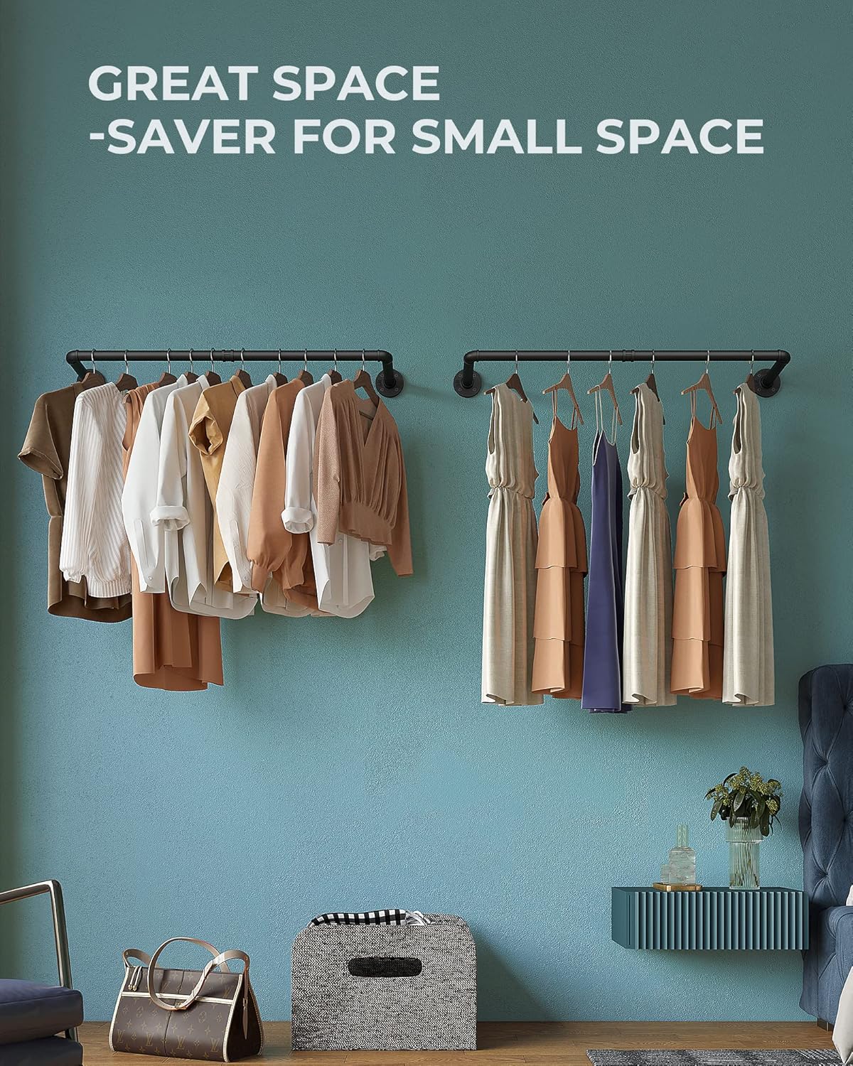 OROPY Industrial Pipe Clothes Rack Wall Mounted Set of 2, 38.4 inches Heavy Duty Iron Pipe Clothing Garment Rail, Multi-Purpose Clothing Hanging Rod for Laundry Room and Closet Storage