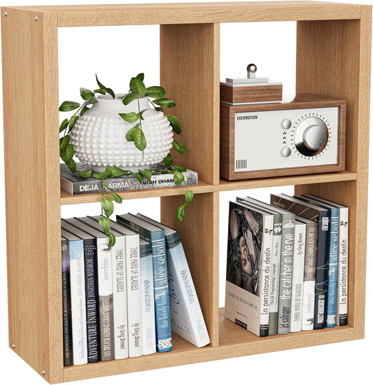 Cube Storage Organizer Bookcase, Decorative 11 inch Open Back Cubical Shelf with Thickened Border, Display Bookshelf for Living Room, Home Office, Sturdy Room (Natural Oak, 4 Cube)