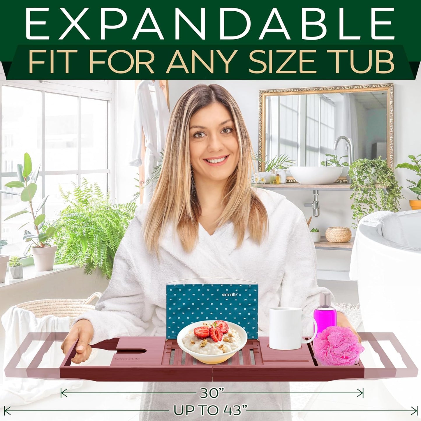 SereneLife Bathtub Tray - Expandable Bath Tray for Tub, Adjustable Bamboo Caddy with with Non-Slip Handles, Device Holder and Wine Glass Slot for Bathing Luxury (Brown, Soft Back, Gift Set)