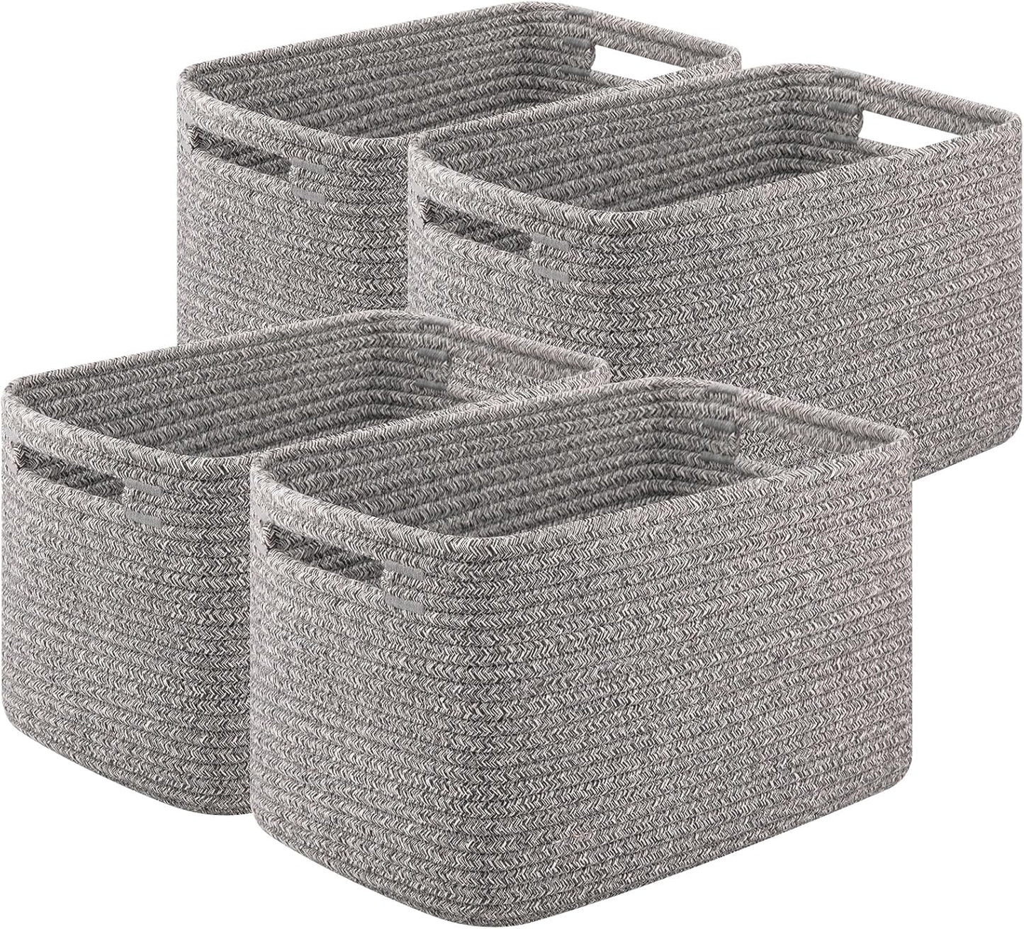 Storage Baskets for Organizing, Woven Decorative Baskets for Shelves - Books, Towels, and Clothes, Cotton Rope Toy Storage Bins, 12.7''Lx9''Wx7.8''H, Pack of 4, Grey