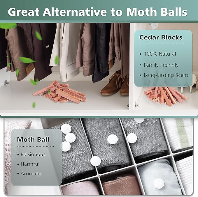 50PCS Cedar Blocks for Clothes Storage, 100% Aromatic Red Cedar Wood Sticks Chips for Closet, Wardrobe, Drawers