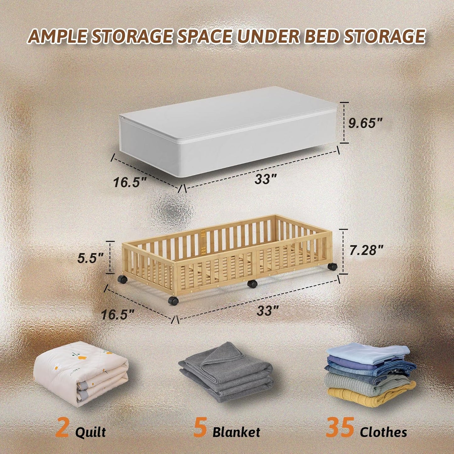 Bamboo Under Bed Storage Containers with Wheels, 2 Pack Large Under the Bed Shoe Storage Bins, Wood Rolling Underbed Drawers Organizer for Bedroom Closet Clothes Blanket Under Crib Toy Nature