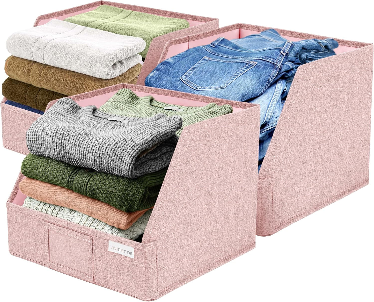 Closet Bins for Organization – 12x12x10 Foldable Boxes for Clothes, Fabric Trapezoid Storage Bins, Storage Baskets, Decorative Storage Baskets, Sweaters, Baby Clothes, Nursery– Pink, 3 Pack
