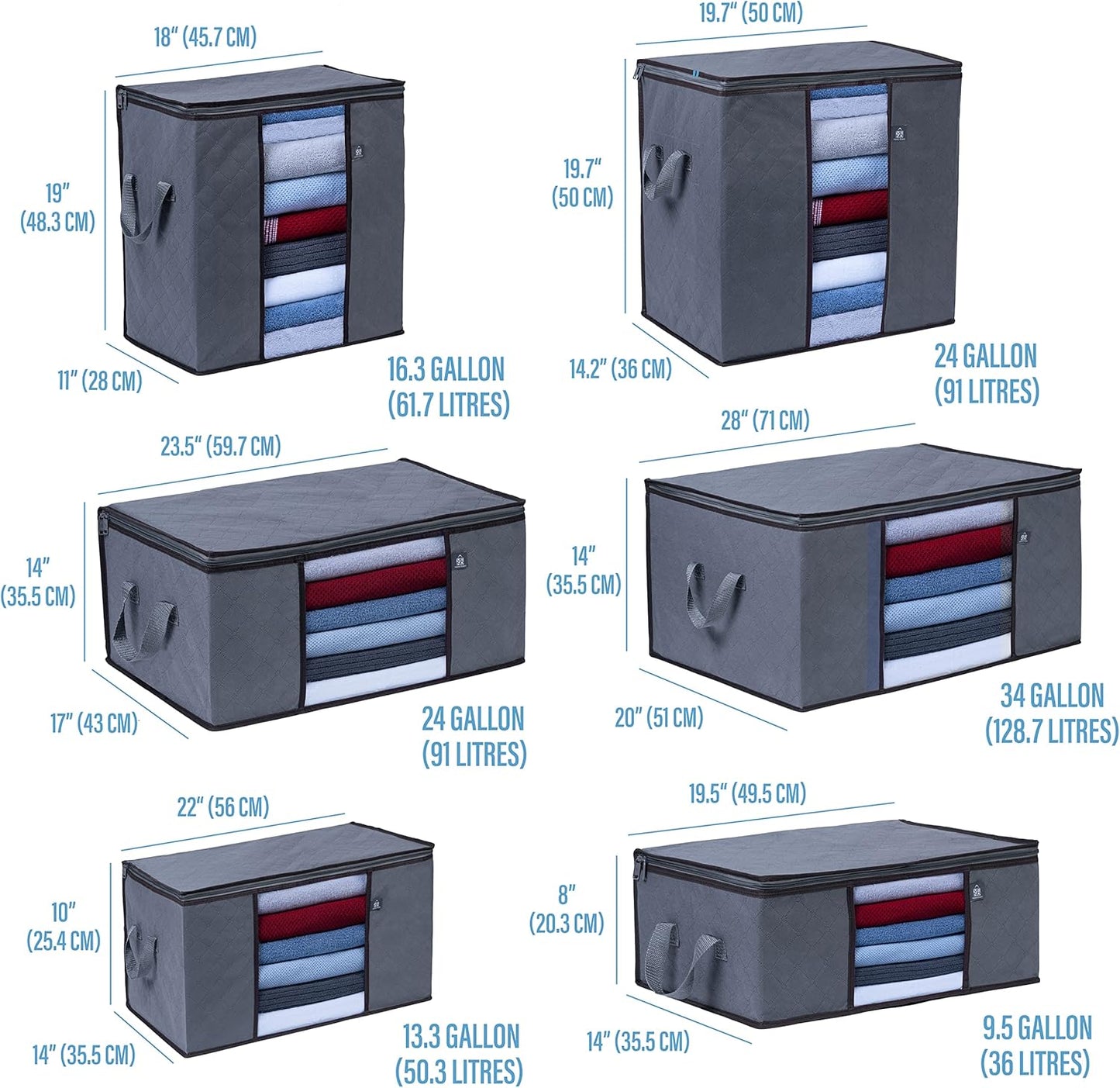 VENO 3 Pack Large Clothes Storage Bag Organizer with Reinforced Handle Thick Fabric for Comforters, Blankets, Bedding, Foldable with Sturdy Zipper, Clear Window, Grey, Reusable (13.3 Gallon)