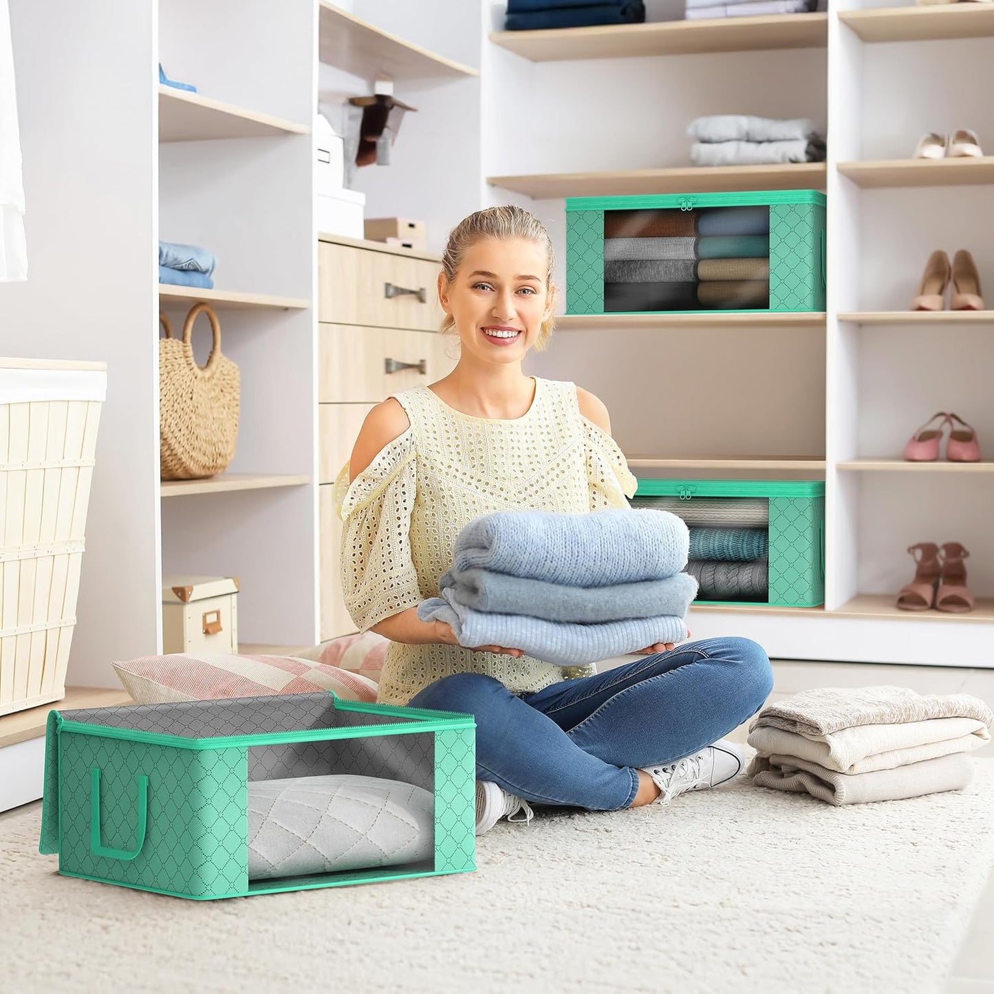 Sorbus Foldable Storage Bag Organizers, Large Clear Window & Carry Handles, Great for Clothes, Blankets, Closets, Bedrooms, and more (3-Pack, Teal)