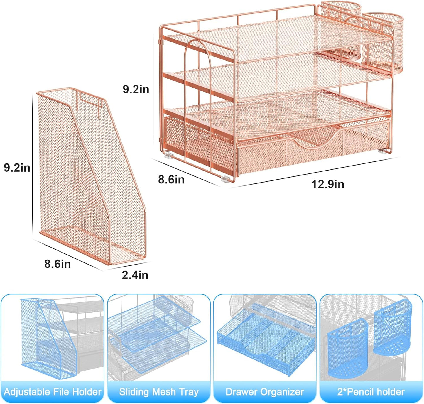 gianotter Desk Organizers and Accessories with File Holder, 4-Tier Desk Accessories & Workspace Organizers with Drawer and 2 Pen Holder, Paper Organizer for Office Supplies (Rose Gold)