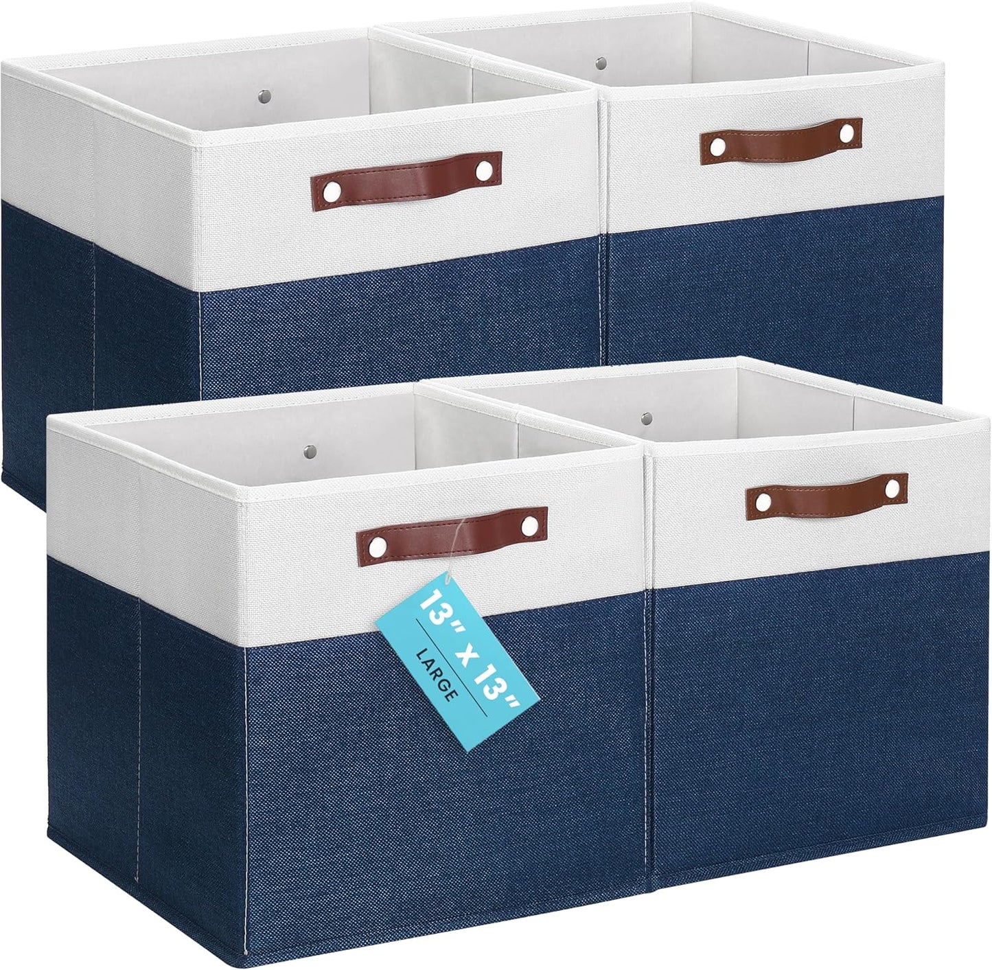 OrganiHaus 13" x 13" x 13" Cube Fabric Storage Bins Set of 4, Fabric Storage Cubes w/ Vegan Handles, 13 inch Collapsible Bins for Clothes & Toy Organizer, 13x13 Basket for Decor - Navy Blue