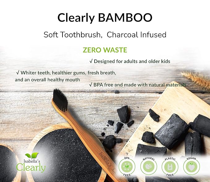 Clearly Bamboo Toothbrush Set | Extra Soft Charcoal Infused Bristles, Eco Biodegradable Wood, BPA Free Vegan Nylon | Great for Teeth Whitening, Sensitive Gums, Adults, Kids (Family Pack of 4)