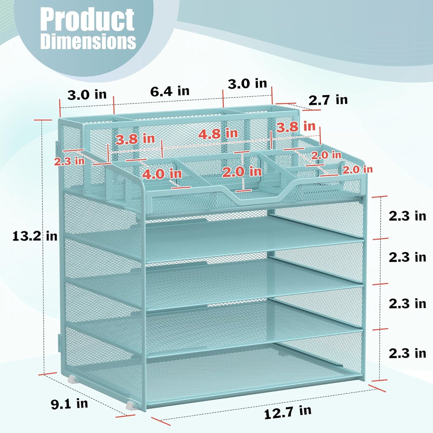 Docnest 5 Tier Mesh Desk Organizer for Paper Office Supplies – Multi-Functional Letter Tray with 5 Adjustable Compartments, 3 Pen Holders, Desktop Storage for Files, Mail, Stationery – Blue
