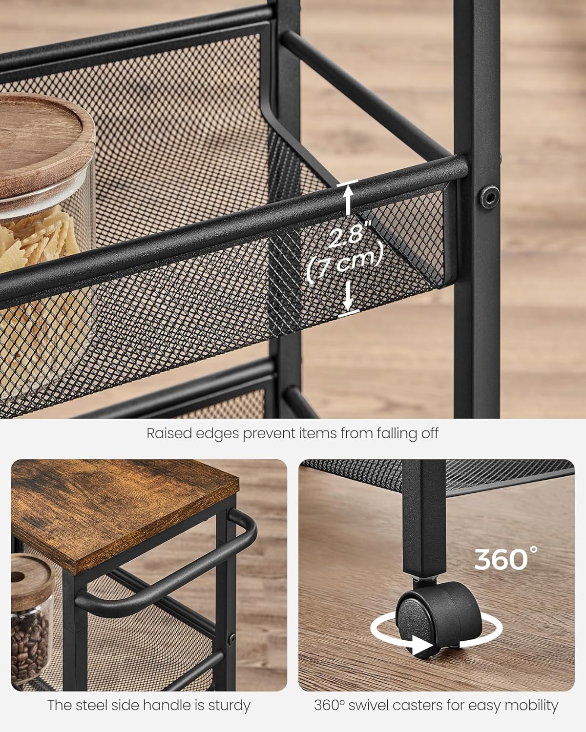 VASAGLE Slim Rolling Cart, 4-Tier Storage Cart, Narrow Cart with Handle, 8.7 Inches Deep, Metal Frame, for Kitchen, Dining Room, Living Room, Home Office, Rustic Brown and Classic Black ULRC033B01