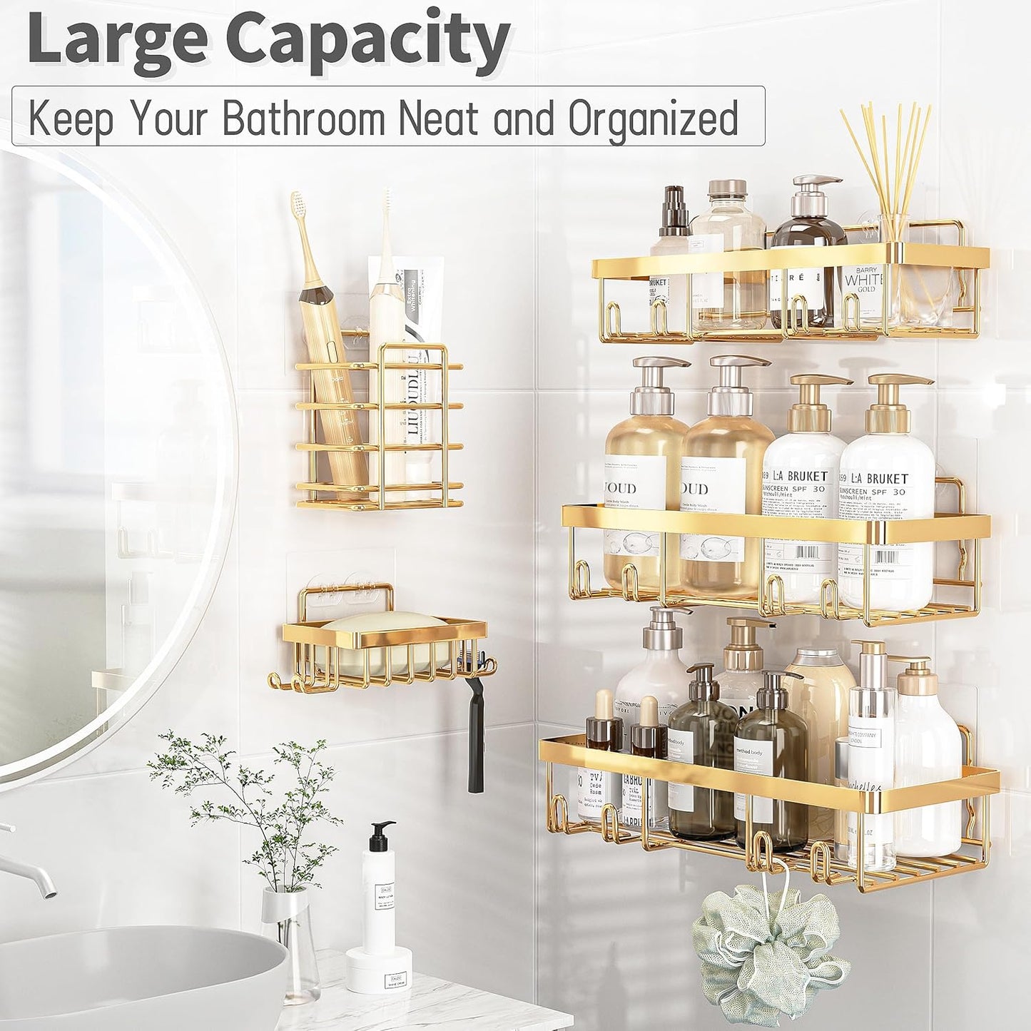 10 Pack Shower Caddy Organizer Rack Shelf for Inside Shower, Self Adhesive Wall Storage Basket Rustproof Stainless Steel Shampoo Holder Bathroom Accessory Decor Set, Gold