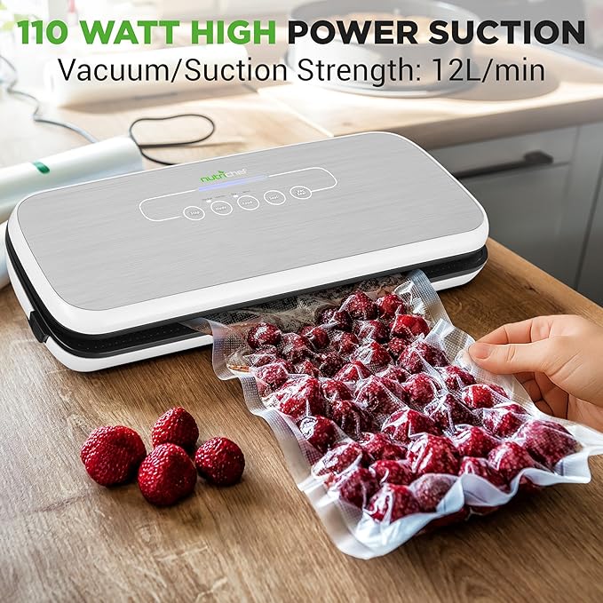 NutriChef Food Vacuum Sealer Machine - Automatic Air Sealing System for Dry & Moist Foods, LED Touch Controls, Includes Vacuum Bags, Hose & Wine Stopper, High Suction Power, 14"x6"x3", Silver