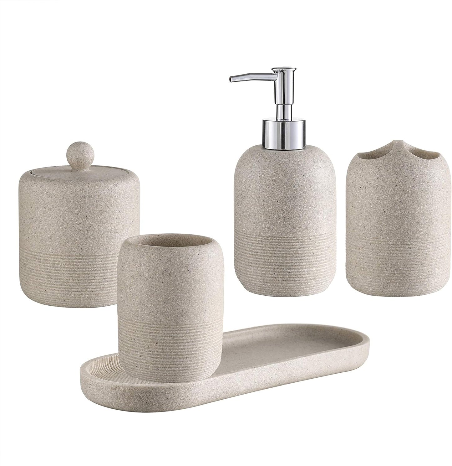 5-Pieces Bathroom Accessory Set Hight Quality Polyresin Ensemble-Lotion Dispenser/Toothbrush Holder/Cotton Jar/Tray/Tumbler Cup, Beige