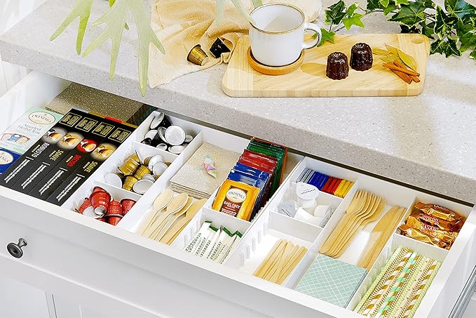 CAXXA 3 Slot Drawer Organizer with 4 Adjustable Dividers - Junk Drawer Storage for Makeup & Vanity, Office Desk Supplies and Accessories (WHITE, 1 PACK)