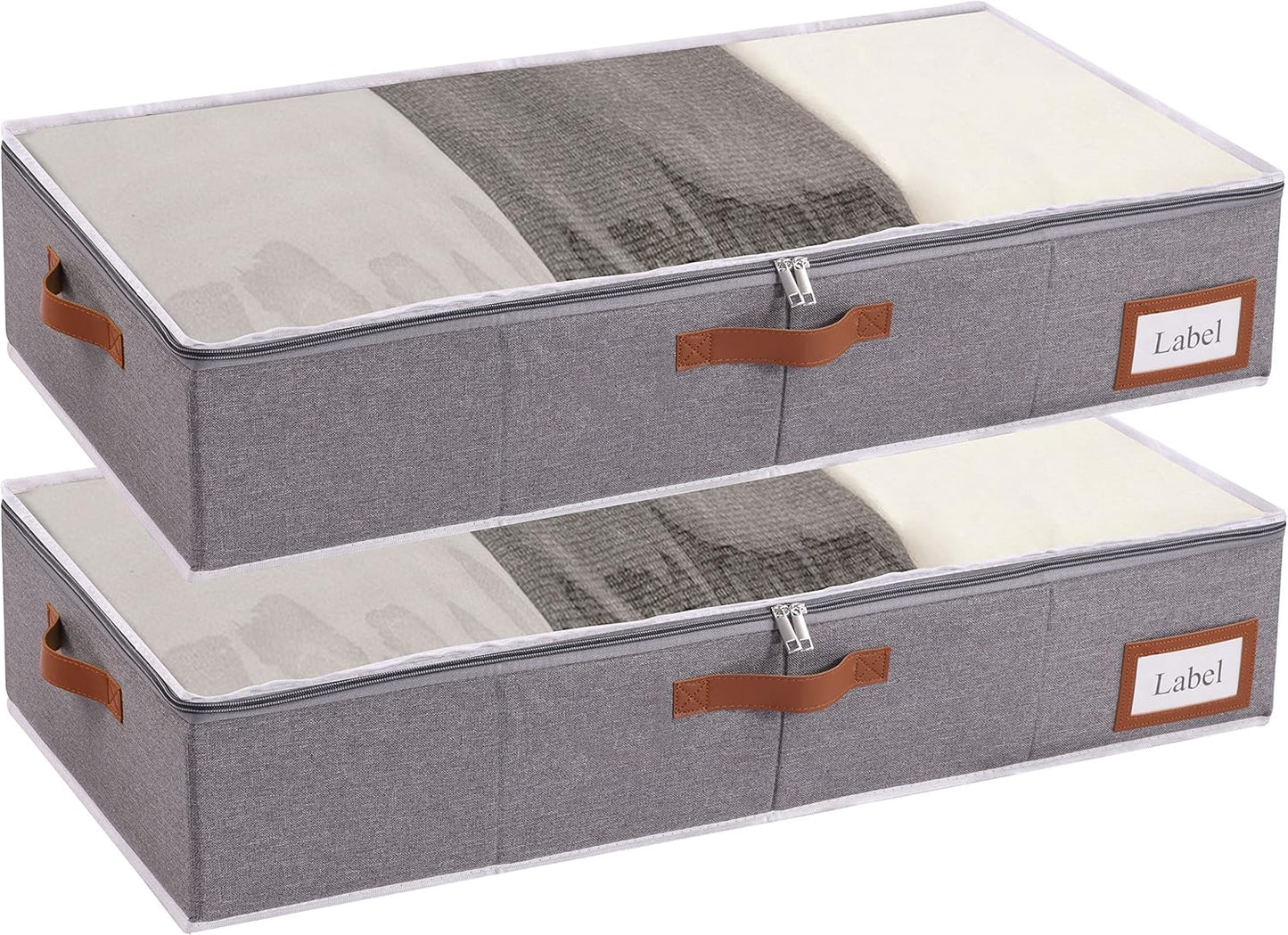 Yawinhe Under Bed Storage, 2 Pack Closet Organizers, Collapsible Container Bags, with Sorting Card Slot and 4 Leather Handles, for Blanket, Bedding, 23.6''Lx11.8''Wx6''H, Grey