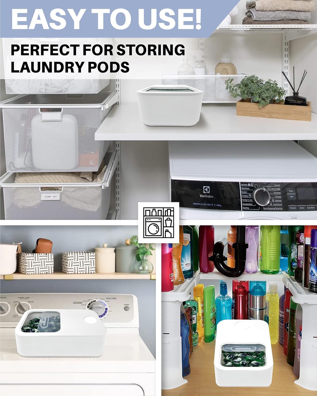 TidyFriend Laundry Pods Container with Slide Lid, 15" x 8.7" x 4.5", Airtight Storage Keeps Pods Fresh, Holds 9–10 lbs or 100–130 Pods, Laundry Detergent Container & Dishwasher Pod Holder (White)