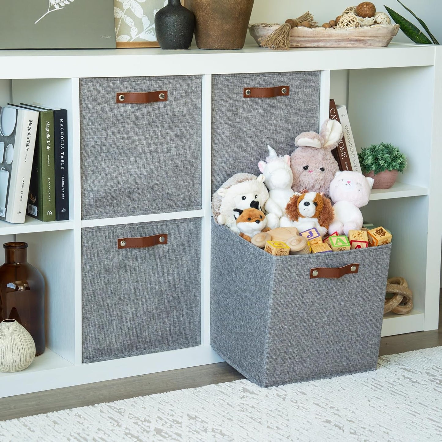 OrganiHaus 13" x 13" x 13" Cube Fabric Storage Bins Set of 4, Canvas Storage Cubes w/ Vegan Handles, 13 inch Collapsible Bins for Kallax, Cubbies Organizer, 13x13 Basket for Decor - Grey