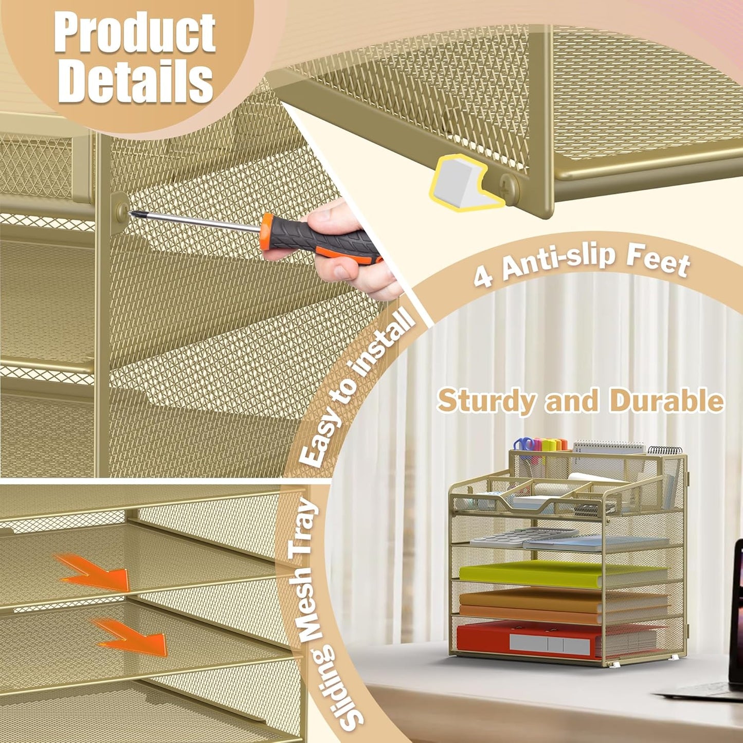 Docnest 5 Tier Mesh Desk Organizer for Paper Office Supplies – Multi-Functional Letter Tray with 5 Adjustable Compartments, 3 Pen Holders, Desktop Storage for Files, Mail, Stationery – Gold Yellow