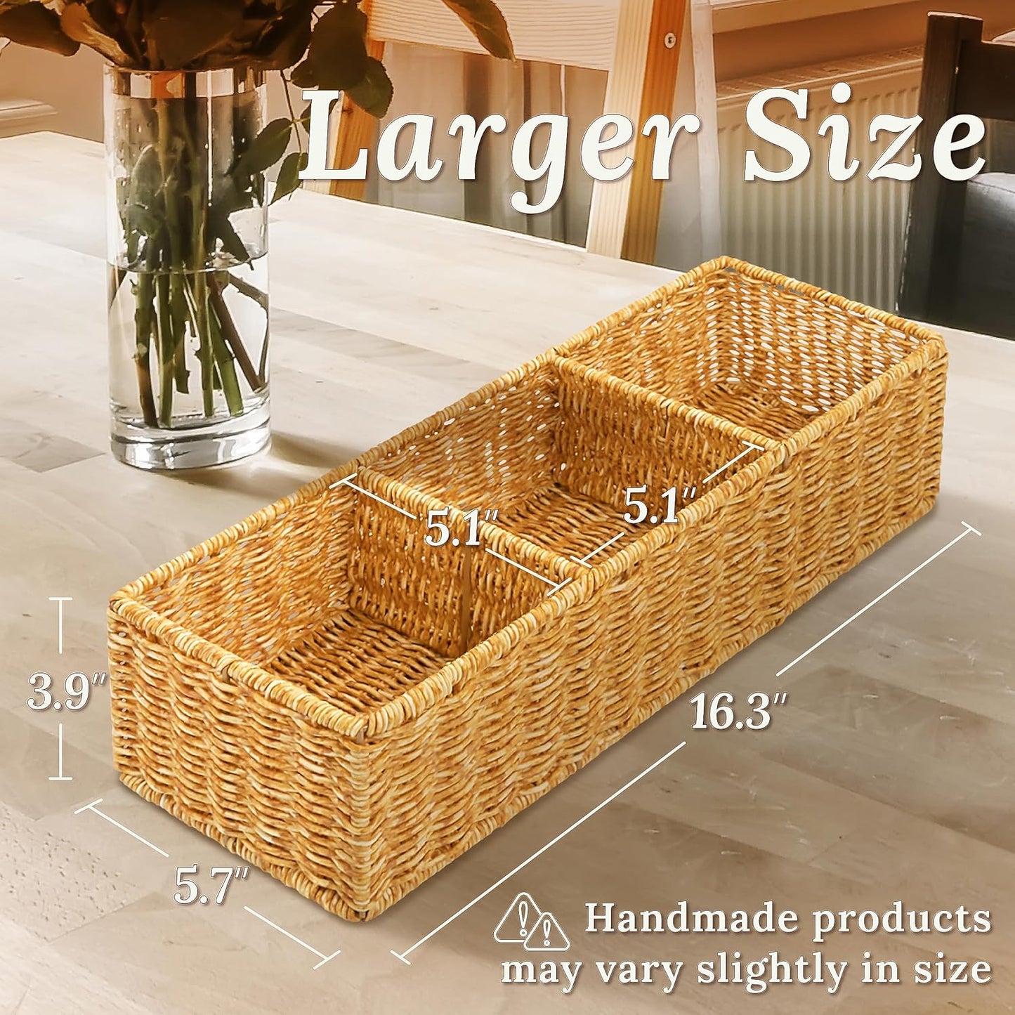 Wicker Basket with 3 Compartments, Toilet Storage, Bathroom Organizer Countertop, Resin Wicker 1pc, Latte