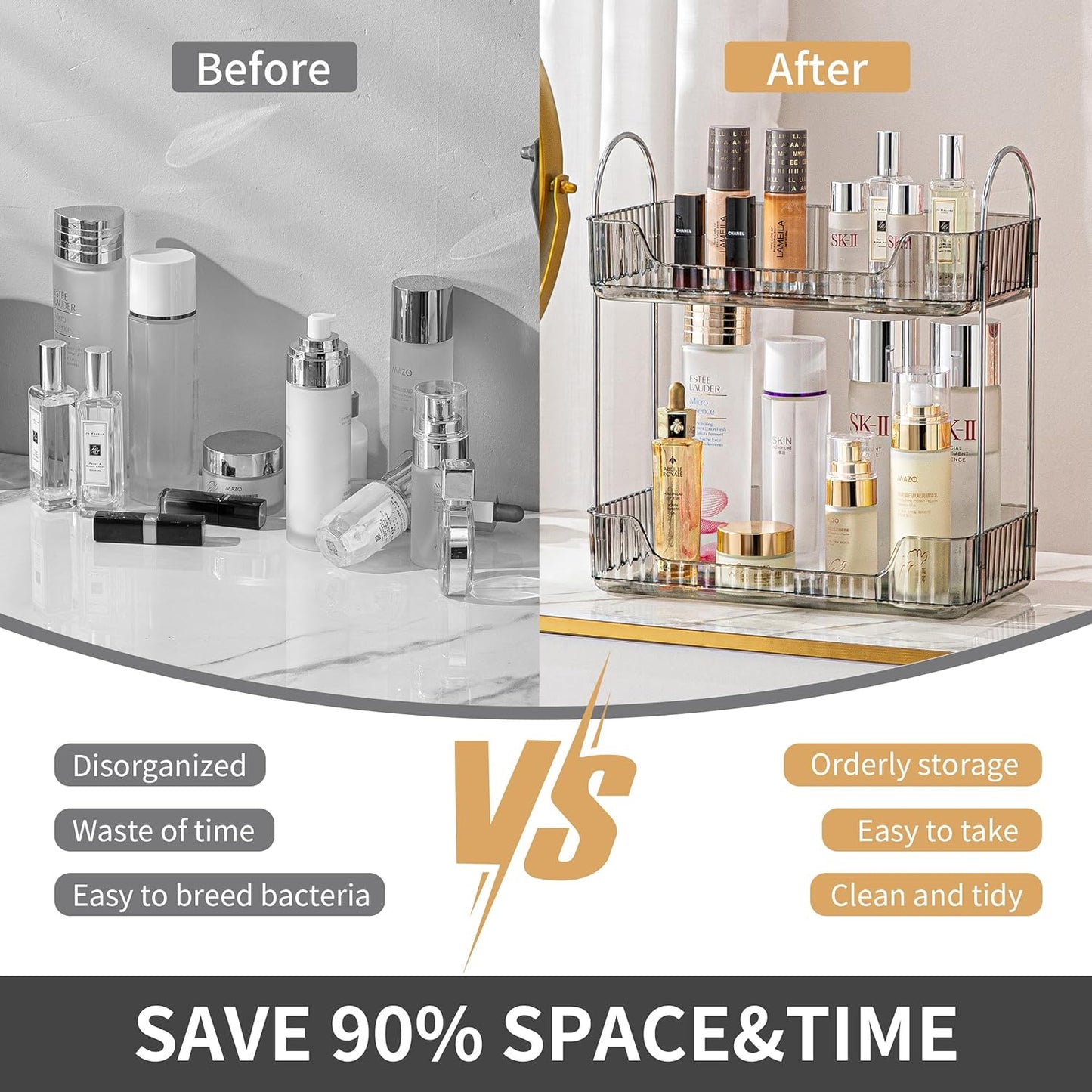 2 Tier Bathroom Organizer Countertop Makeup Perfume Tray Skincare Organizer for Bathroom Dresser Vanity (Grey)